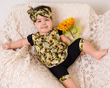 Load image into Gallery viewer, 🇨🇦 Reversible Opening Ready Set Romper® Twirl in OG Argentina Sunflower &amp; Ribbed Essential Midnigh
